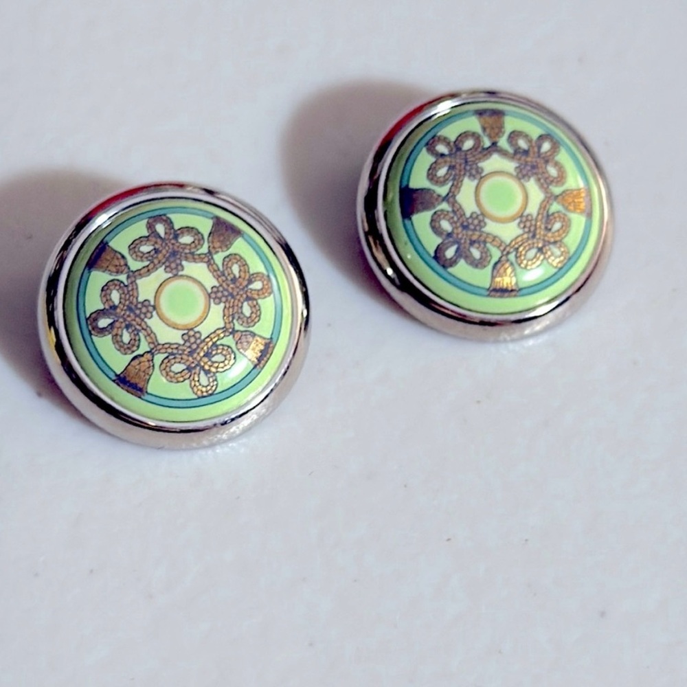HERMES AUTHENTIC CLIP ONS Round Earrings with Floral Design
